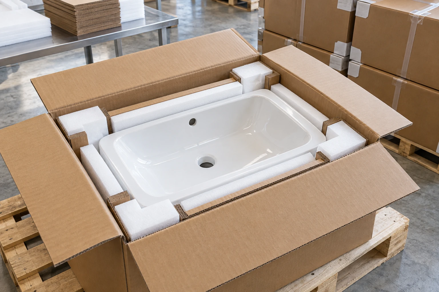 Ceramic sink protected in an export carton