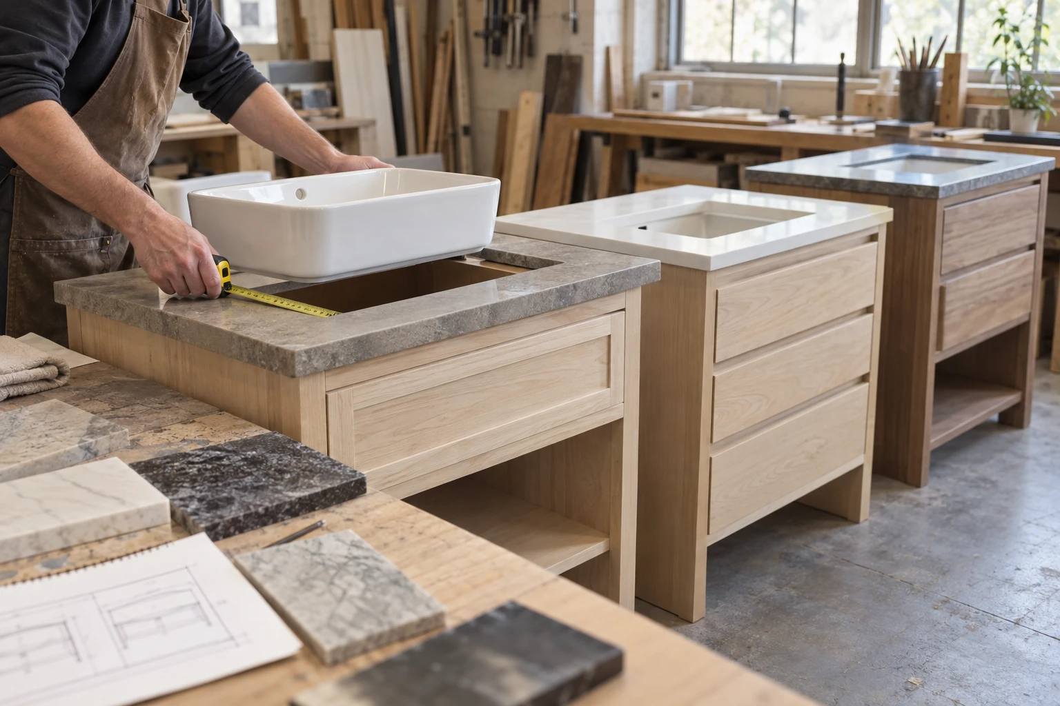 Vanity cabinet maker checking a ceramic basin against countertop openings