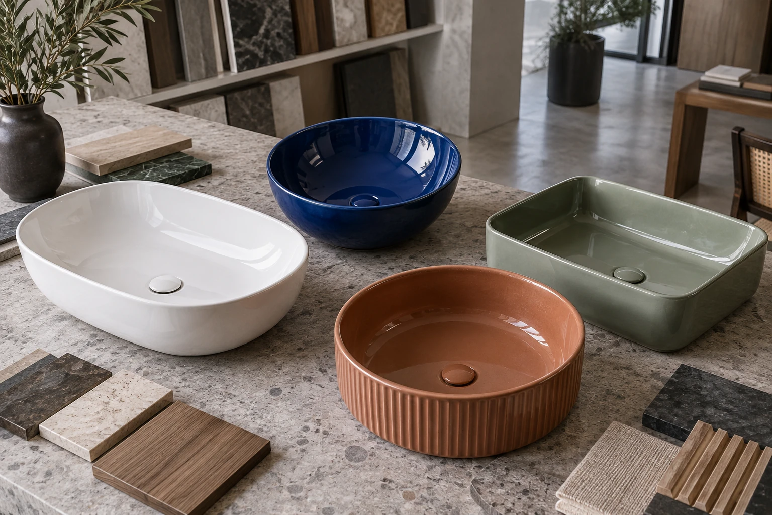White and colored ceramic sinks for assortment planning