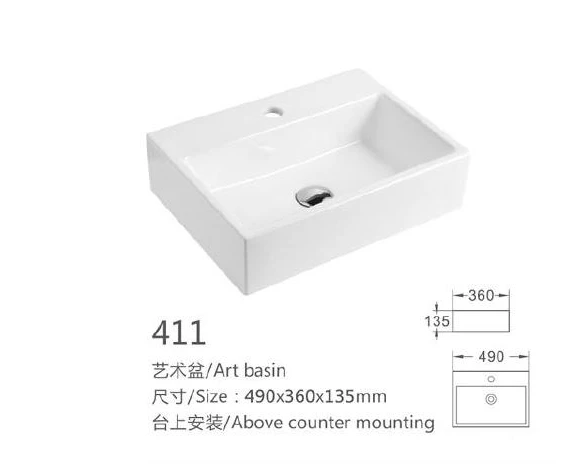 Bacia de arte cerâmica retangular branca - Modelo 411 com informação do produto