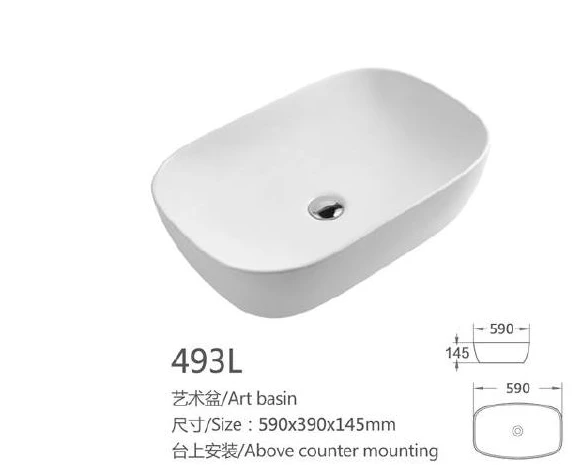 Weißes rechteckförmiges Keramik-Kunstbecken - Modell 493L mit Produktinformationen