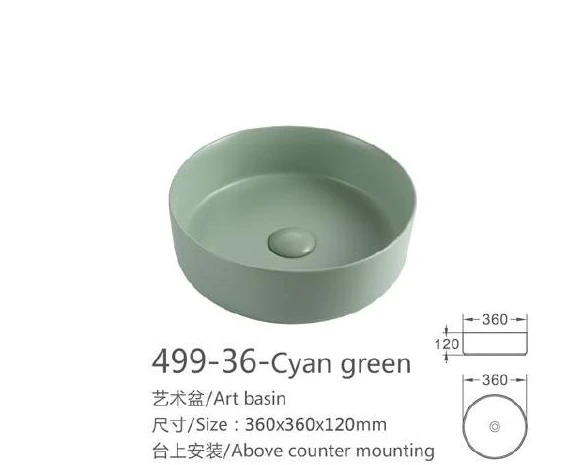 Cyan Green Round Ceramic Art Basin - Model 499-36-Cyangreen with product information