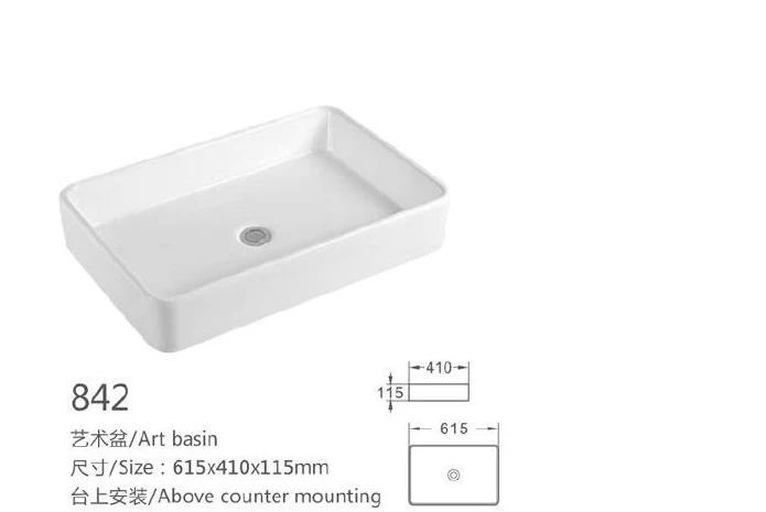 Weißes rechteckförmiges Keramik-Kunstbecken - Modell 842 mit Produktinformationen