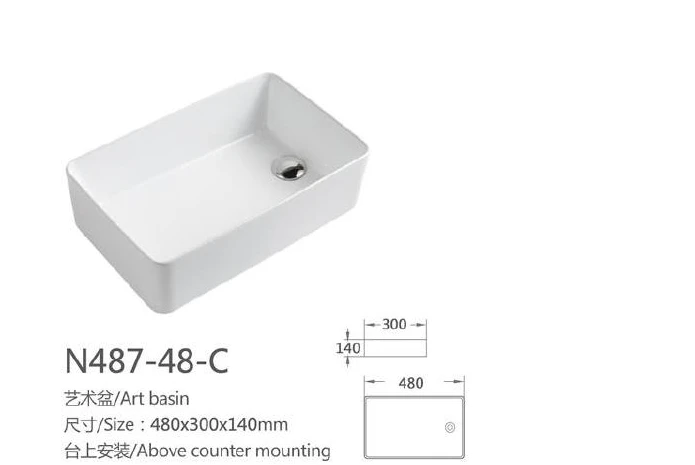 White Rectangular Ceramic Art Basin - Model N487-48-C with product information