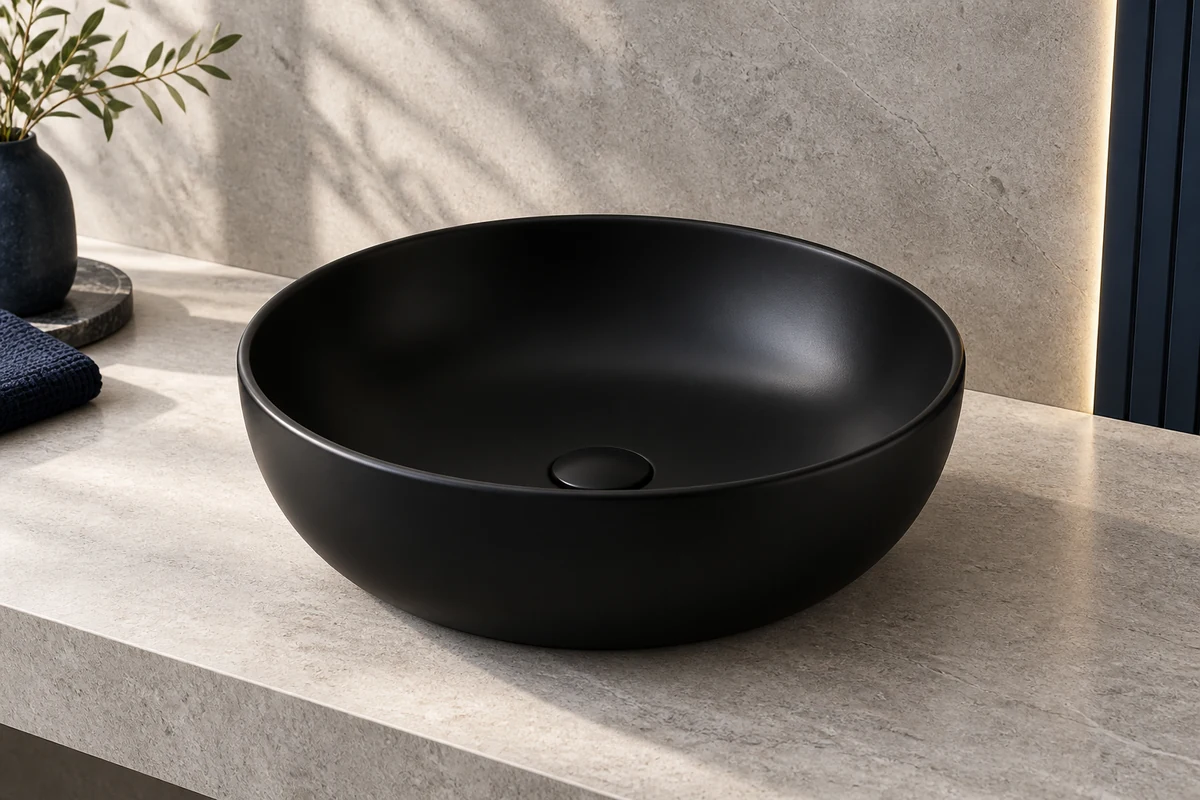 Black ceramic basin in a contemporary bathroom