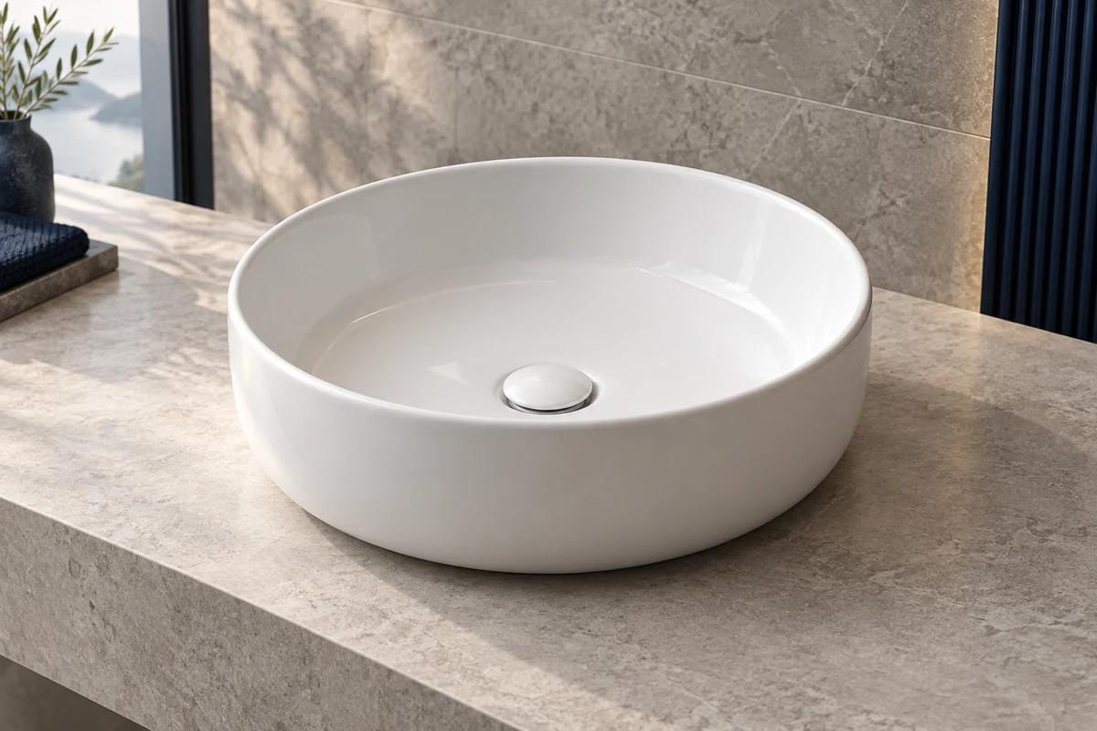 Round ceramic basin in a contemporary bathroom
