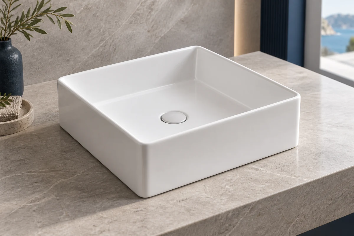 Square ceramic basin in a contemporary bathroom