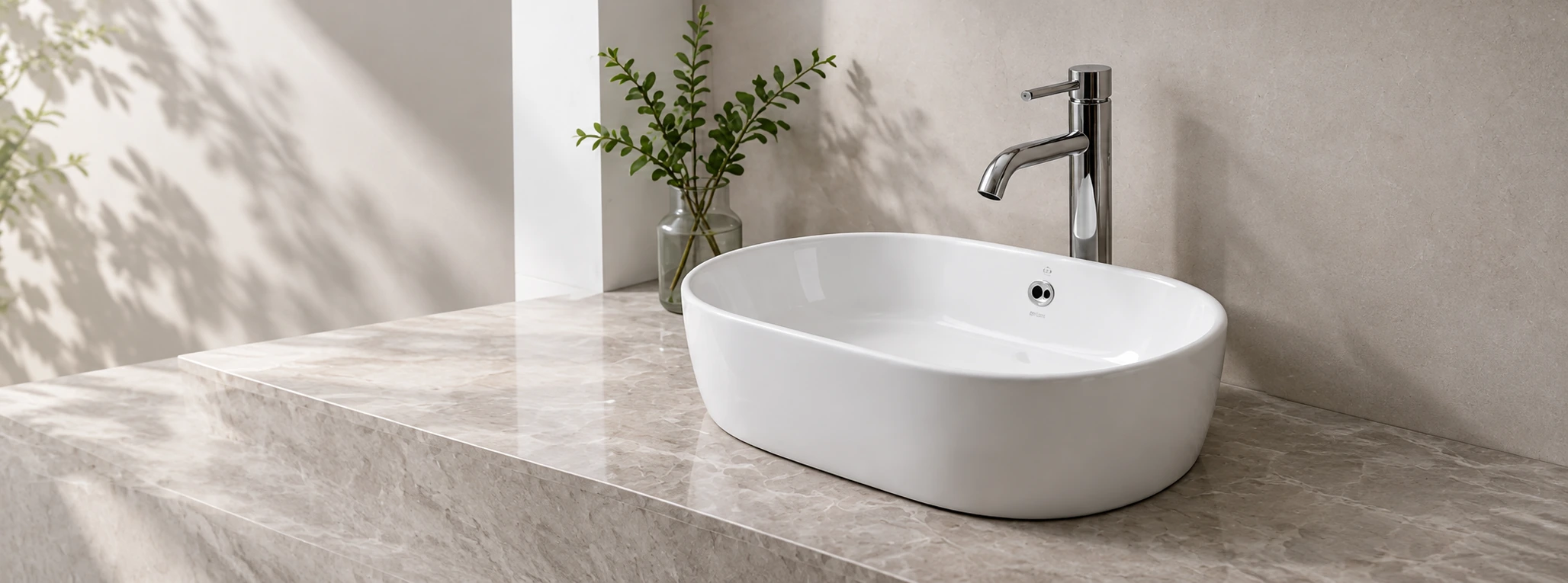 White ceramic countertop sink in a modern bathroom