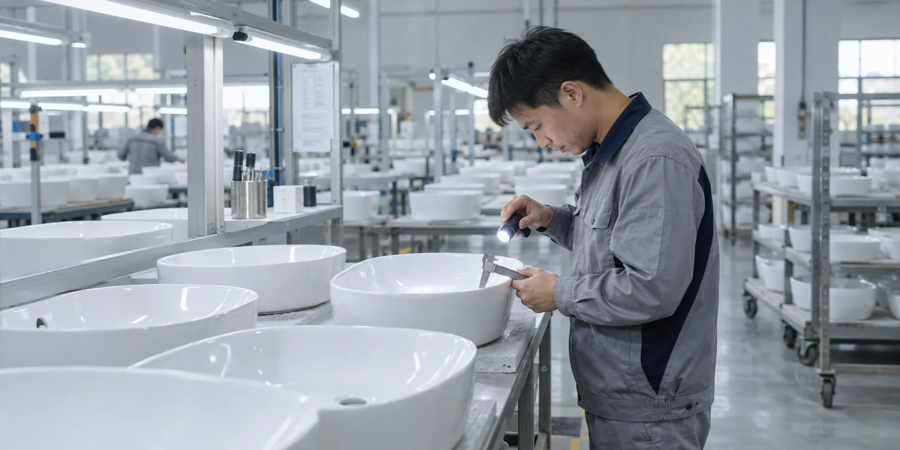 Ceramic basin quality inspector checking glaze and dimensions